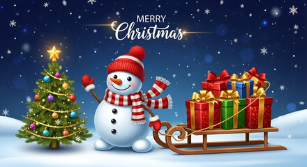Merry christmas greeting card with smiling snowman sleigh gifts and snowy blue night background
