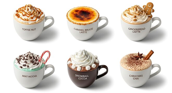 Variety of coffee drinks with decorative cream and toppings