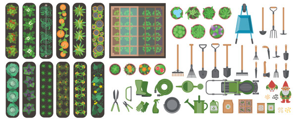 Naklejka premium Top view of vegetable beds of tomatoes, cucumbers, cabbage, zucchini, pumpkin and garden tools. Flat design illustration of isolated items for gardening. View from above. Set of icons. Aerial