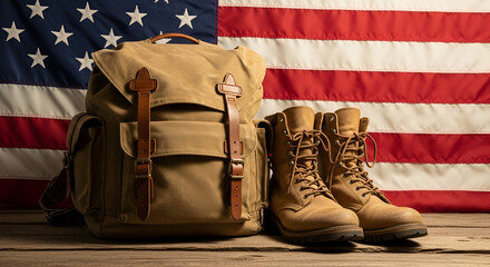 Military or veteran theme with american flag backpack and boots patriotic service honoring concept