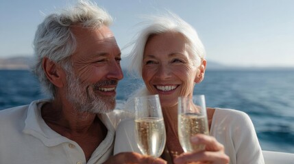 Elderly couple toasting with champagne on a boat. they are both smiling and holding glasses of champagne in their hands. the man has grey hair and a beard, and the woman has white hair.