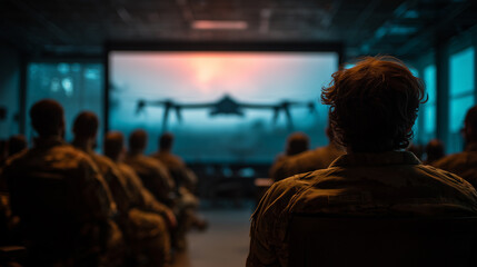 Military personnel attending drone operation training in classroom setting