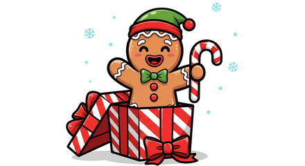 Cartoon gingerbread man character wearing santa hat holding candy cane sitting on stacked christmas gifts illustration