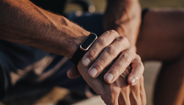Mature adult wearing fitness tracker ring on wrist, close up macro shot with soft bright light, healthy lifestyle, outdoor activity, relaxed mood, technology and wellness concept - Powered by Adobe