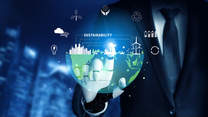 The concept of using AI for sustainability and green energy management. An AI vision for a smart city with renewable resources and a clean ecosystem. Motif © InfiniteFlow