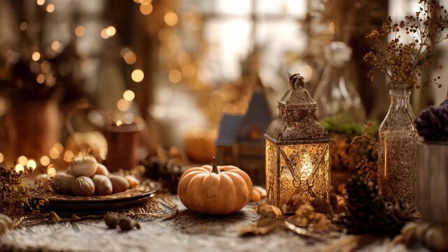 Autumn harvest decor with lanterns, pumpkins, and cozy ambiance in a rustic setting during golden hour