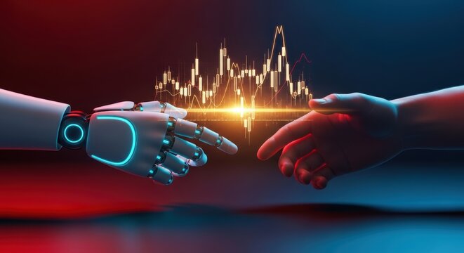 Robot hand and human hand nearly touching with bright financial chart conveying technology and connection