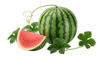 Refreshing watermelon with leaves, perfect for summer promotions and healthy eating campaigns with vibrant color and a slice of juicy goodness