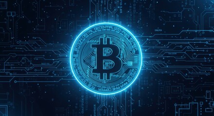 Bitcoin cryptocurrency coin symbol on a futuristic circuit board background representing digital currency and blockchain technology