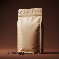 Brown Kraft Coffee Pouch with Beans on Brown Background – Minimal Packaging Mockup Design