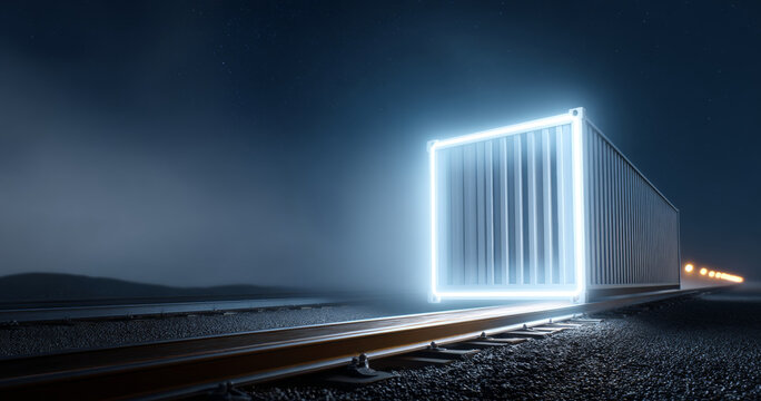 Futuristic glowing shipping container on railway tracks at night with illuminated edges and distant lights in dark landscape