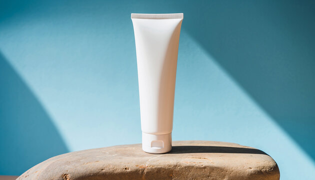 White cosmetic tube standing on smooth stone with soft light, blue background, minimal style, suitable for sensitive skin lotion or cream product mockup, clean and fresh mood