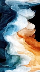 A dynamic abstract composition features swirling, organic forms in shades of deep blue, pure white, and warm orange, set against a stark black background.