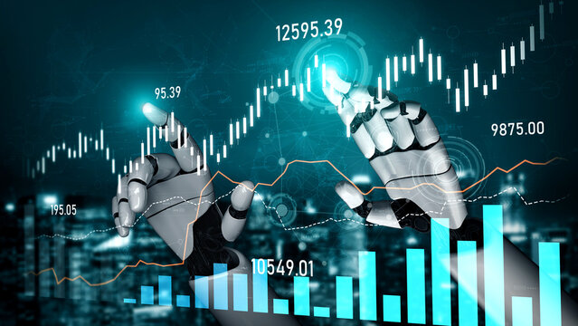 Dynamic depiction of robotic hands interacting with vivid financial data and stock market graphs, emphasizing technological innovation and the future of finance. Scalp