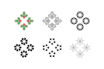 Geometric snowflake ornament pattern set, festive decorative design with colorful and black versions