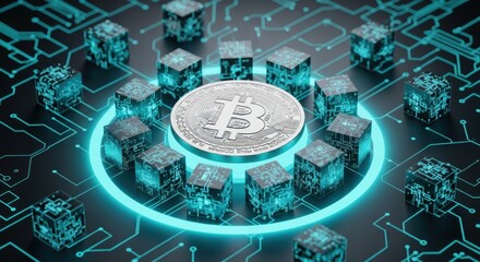 Bitcoin cryptocurrency coin surrounded by tech cubes with glowing circuit design for digital finance and blockchain technology