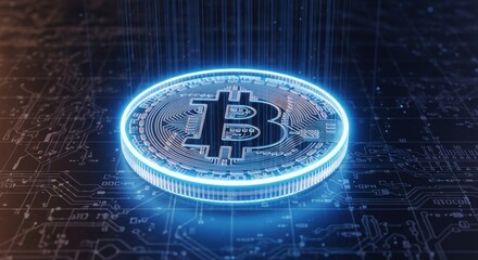 Digital bitcoin cryptocurrency illuminates a complex technological circuit board design representing modern finance innovation