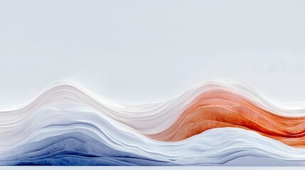 An abstract landscape featuring flowing, layered waves in white, blue, and orange hues, creating a sense of gentle movement.