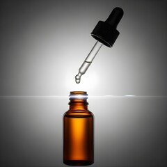 Amber Glass Dropper Bottle with Serum Drip on Gray Background – Minimal Skincare Cosmetic Concept
