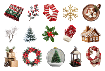 PNG Festive holiday decorations and treats, element set on transparent background