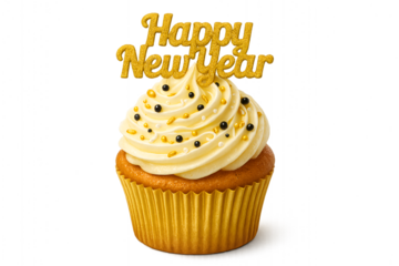 Happy new year golden text cupcake with sprinkles and fireworks isolated on transparent background