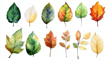 Fototapeta premium Watercolor Leaves Collection in Various Colors and Shapes