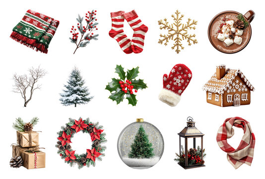 PNG Festive holiday decorations and treats, element set on transparent background