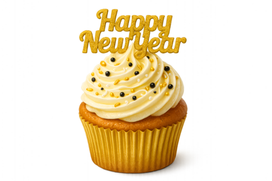 Happy new year golden text cupcake with sprinkles and fireworks isolated on transparent background
