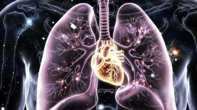 Human body with lungs and heart highlighted in orange against dark background