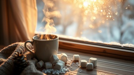 Cozy winter scene with cup of hot chocolate topped with marshmallows by a window with snow and warm holiday atmosphere
