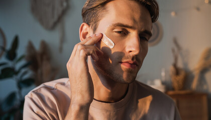 Man applying face cream in cozy room, sunlight highlighting his skin, daily skincare routine, healthy complexion, self care, relaxation, and gentle focus on wellness