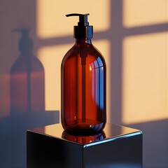Amber Glass Pump Bottle on Modern Reflective Surface – Minimal Skincare Cosmetic Packaging Design