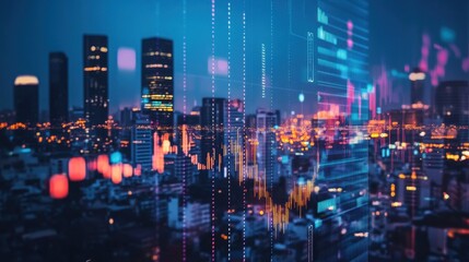 Futuristic Cityscape with Data Visualizations and Night Skyline