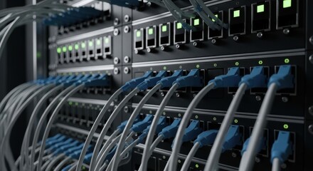 Data center with ethernet cables connected to network switch ensuring seamless connectivity and reliable data transmission for modern communication systems