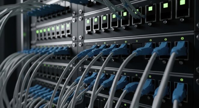 Data center with ethernet cables connected to network switch ensuring seamless connectivity and reliable data transmission for modern communication systems