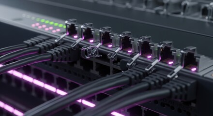 Network cables connect to a server providing internet access and data transfer with visible status lights indicating network activity