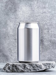 A plain, brushed aluminum soda can sits centered on a rough, gray stone slab, with a textured gray backdrop.
