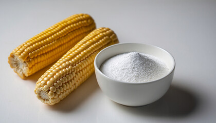 Whole corn cobs and bowl of fine white cornstarch on clean white surface, minimal food concept, natural ingredients, healthy cooking, fresh and simple