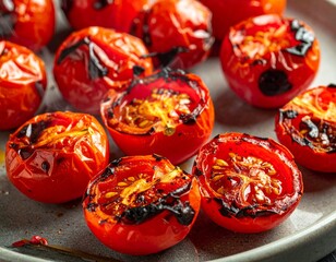 Charred Tomatoes on a Plate: a close-up shot of grilled tomatoes, showcasing their texture and the way the cooking method has deepened their natural sweetness.