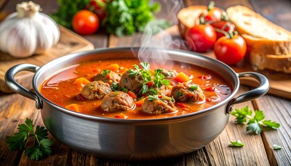 Steaming hot meatball soup in a metal pot with fresh garnish