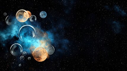 A collection of transparent bubbles and rocky planets drift through a vibrant blue and orange nebula against a backdrop of a star-filled night sky.