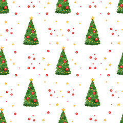 Watercolor green Christmas tree with a star seamless pattern on a white background. Winter holiday background for use in textiles, wallpapers, wrapping paper and festive decorations.