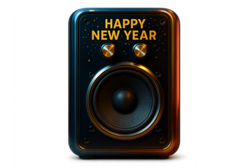 Happy new year party speaker with fireworks and golden confetti 3d render