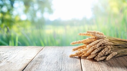 A bundle of golden wheat stalks is placed on a weathered wooden surface, with a blurred green field and bright sunlight in the background.