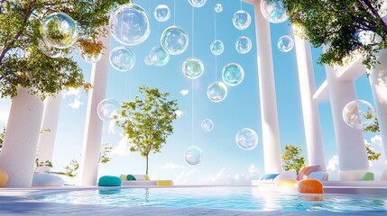 A surreal outdoor scene featuring a swimming pool, modern white architecture, trees, and numerous transparent bubbles suspended in the air.