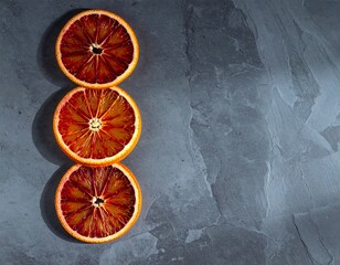 Citrus Symphony: Blood Orange Slices. Sliced blood oranges arranged in a vertical composition, exhibiting rich color on stone texture. A burst of flavors. 