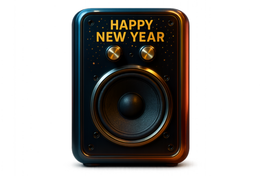 Happy new year party speaker with fireworks and golden confetti 3d render