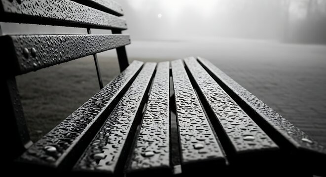 A close-up, low-angle black and white shot of a wooden park bench on a foggy day