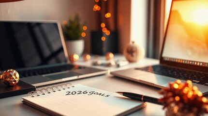 New Year business goals concept with notepad labeled 2026, laptop, pen, and festive office decor for planning productivity and success
