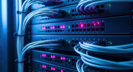 Data center servers with blinking lights and connected ethernet cables show network activity for cloud computing infrastructure